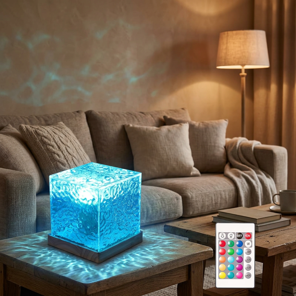 Lámpara de Cristal Aurora Boreal en living acogedor con luz tenue