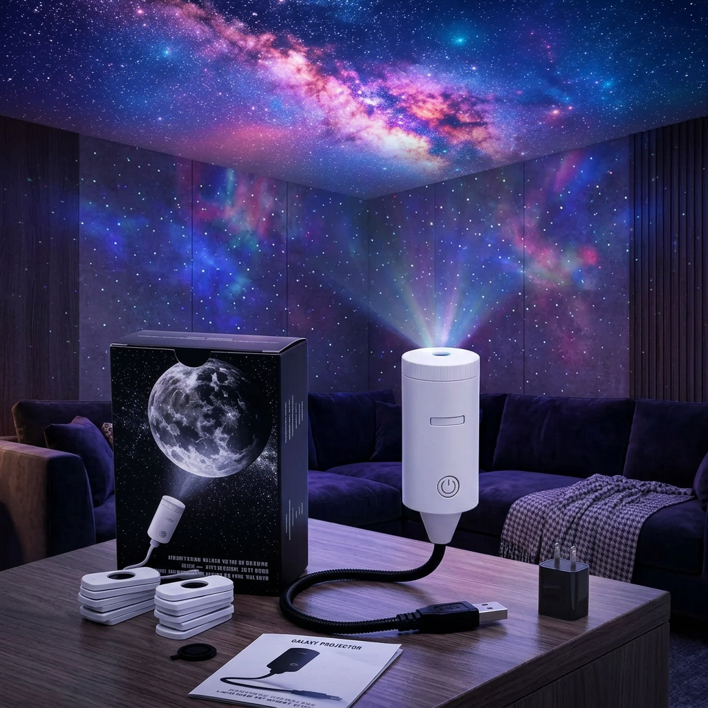 Mini proyector galaxias en living oscuro con luces de estrellas