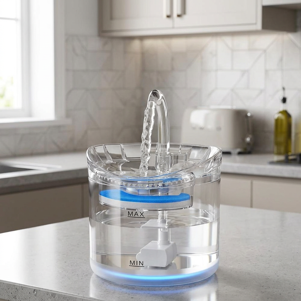 Fuente de agua para mascotas en cocina moderna