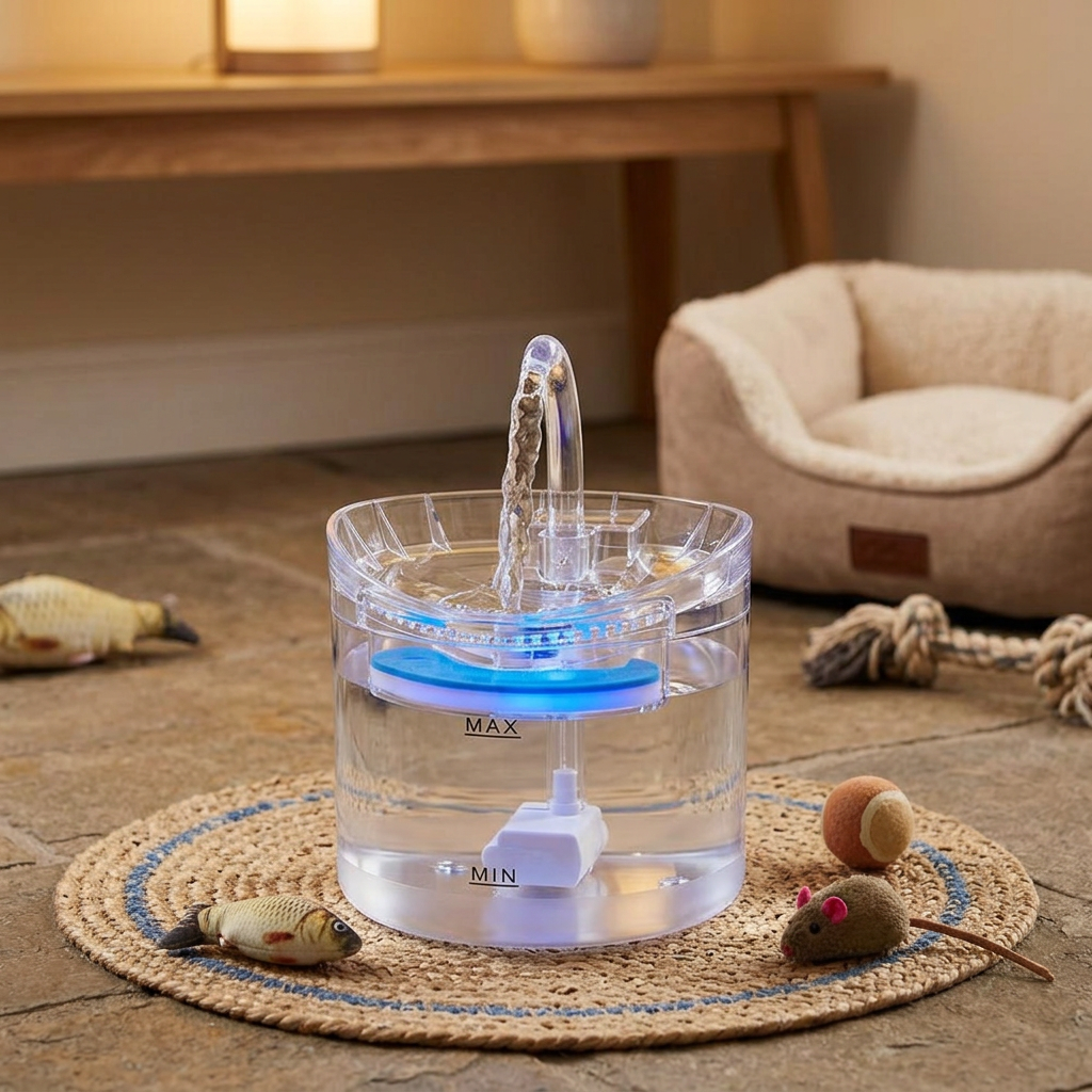 Fuente de agua para mascotas en rincón de mascota