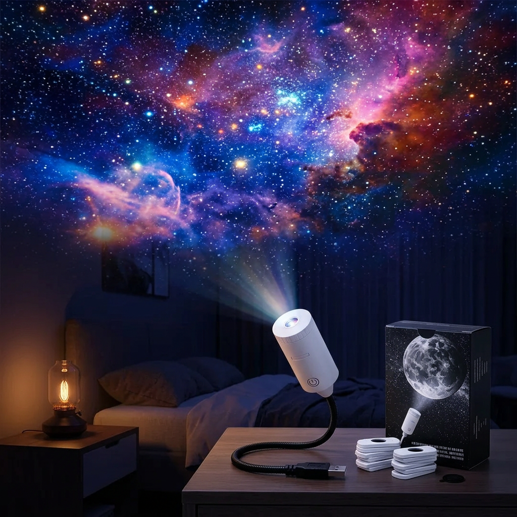 Mini proyector galaxias en dormitorio de noche con techo iluminado