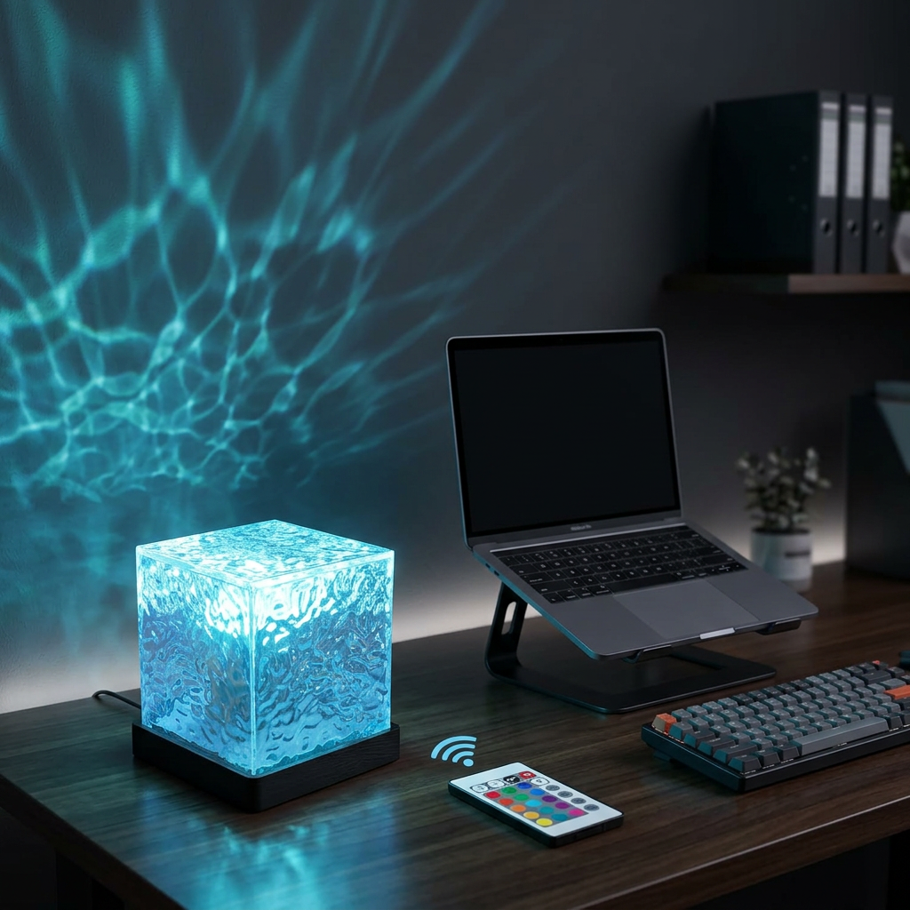 Lámpara de Cristal Aurora Boreal en escritorio con computador