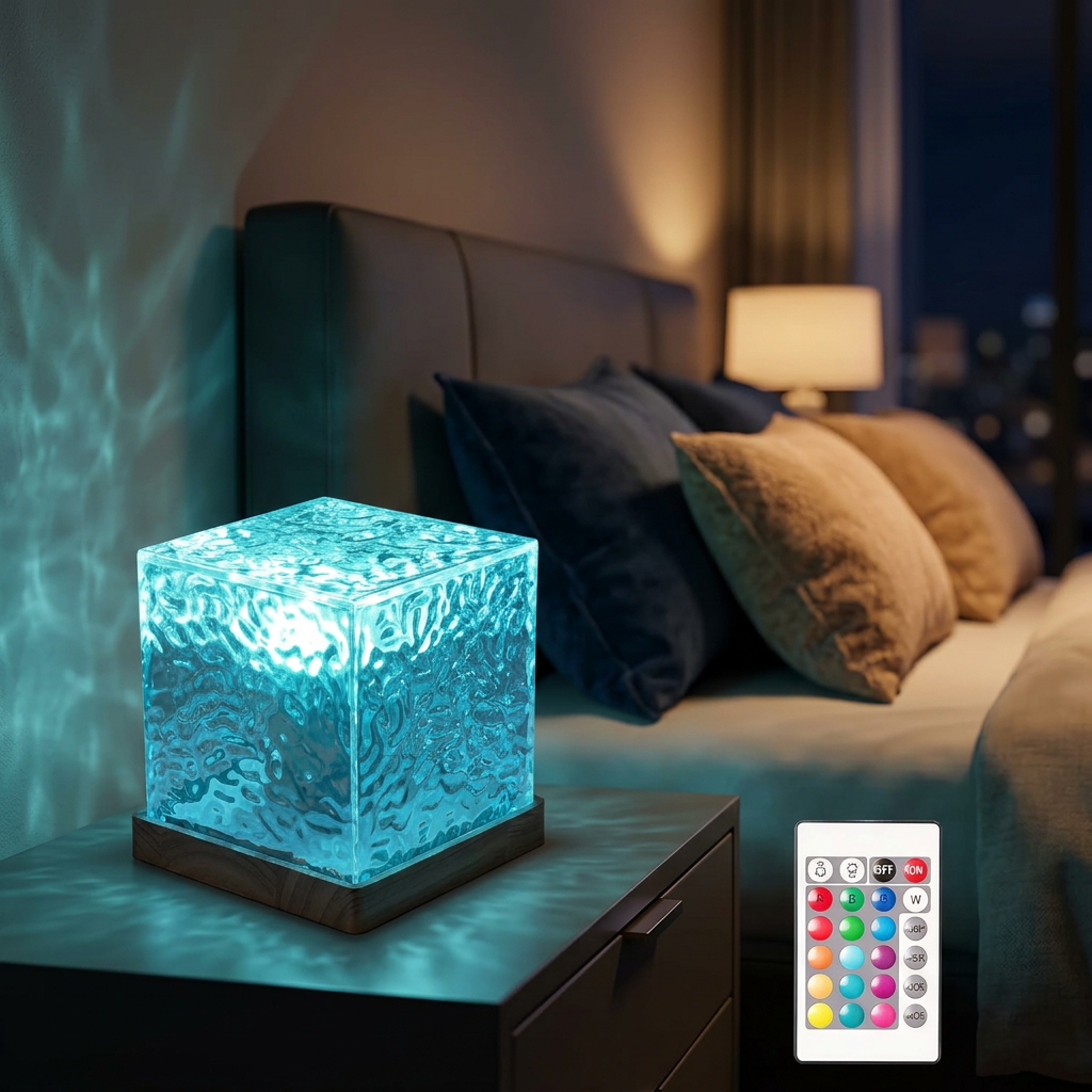 Lámpara de Cristal Aurora Boreal en velador de dormitorio moderno de noche