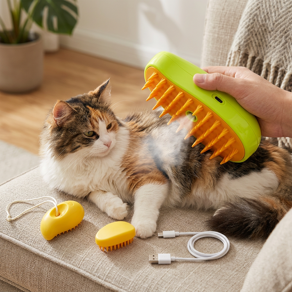 Cepillo vapor para mascota usado en un gato