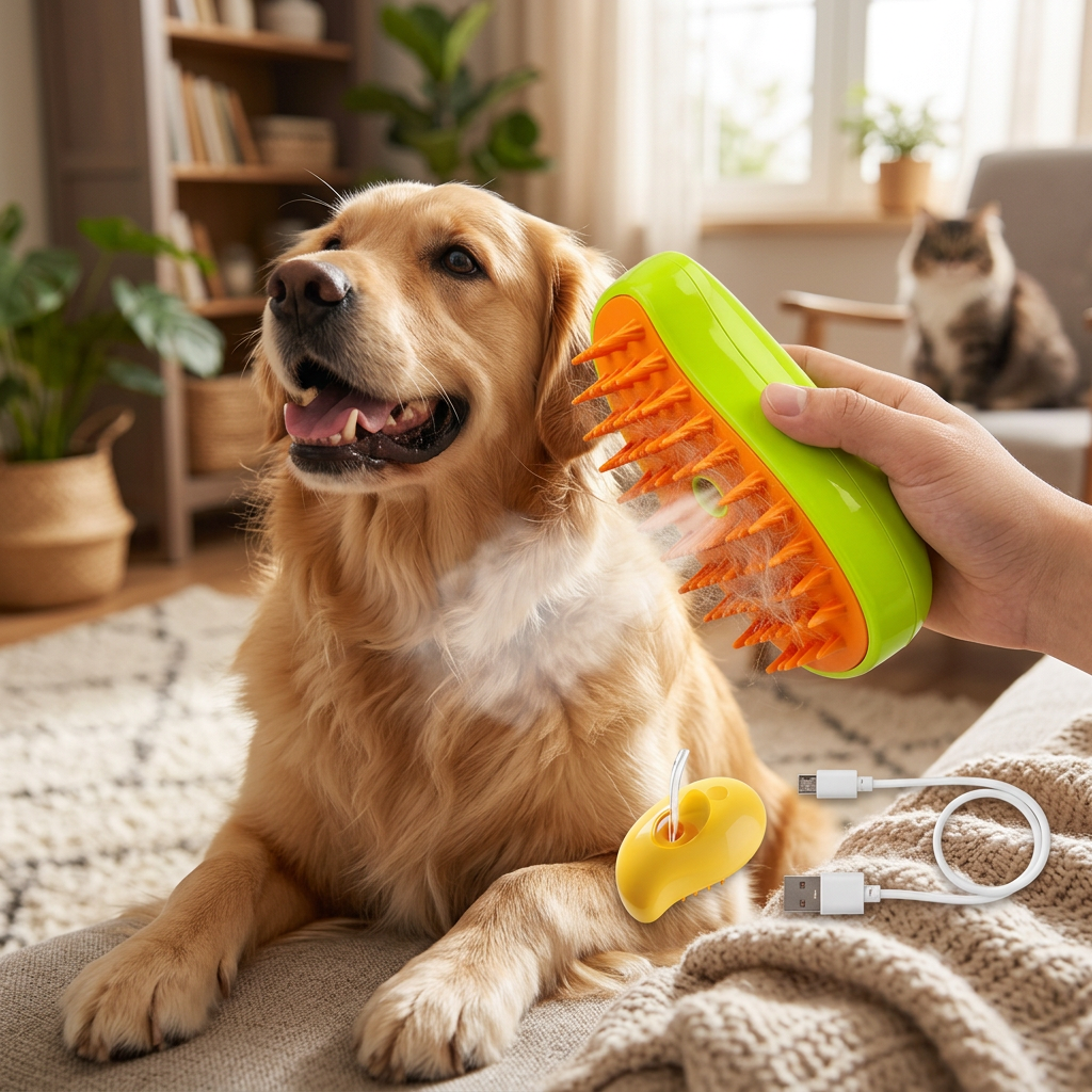 Cepillo vapor para mascota usado en un perro