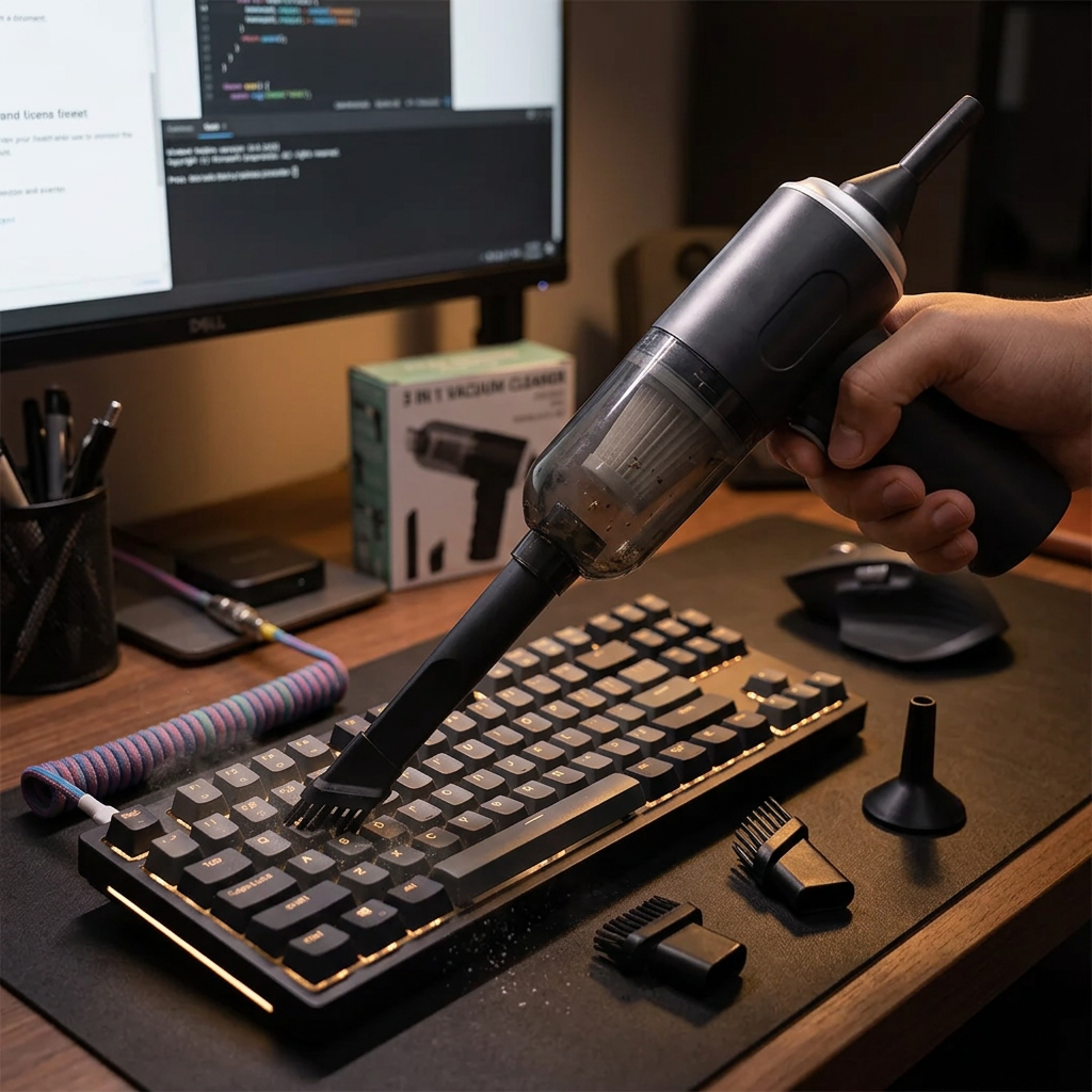 Mini aspiradora limpiando teclado en escritorio