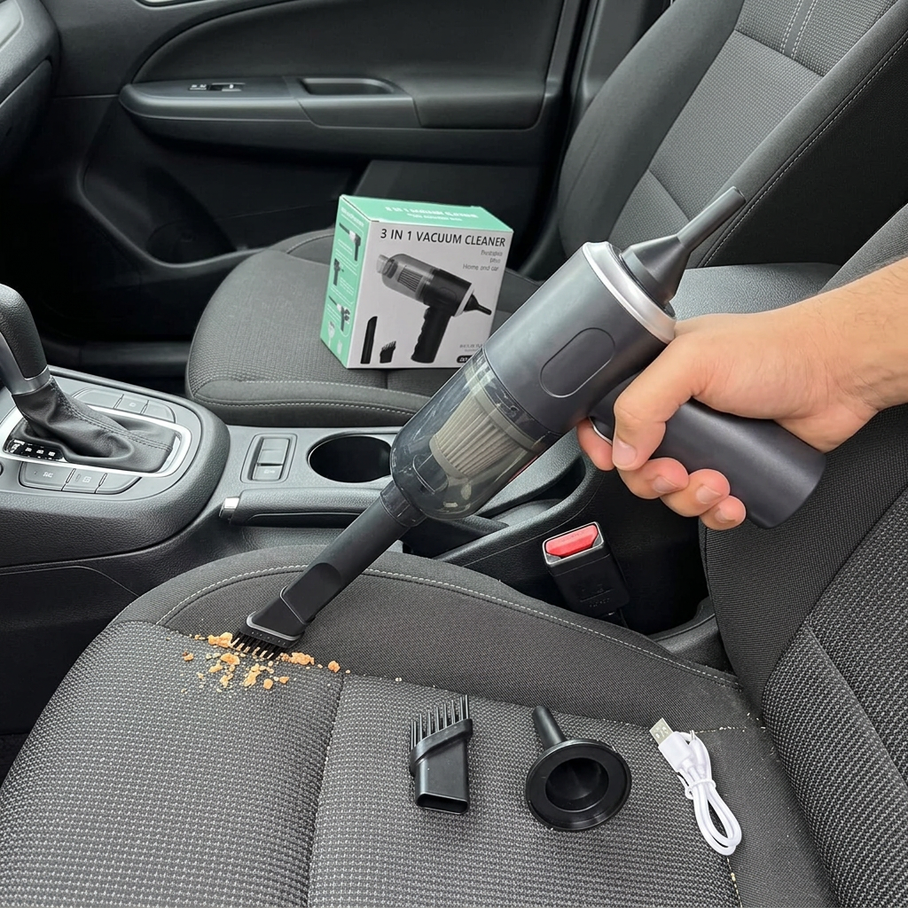 Mini aspiradora en interior de auto