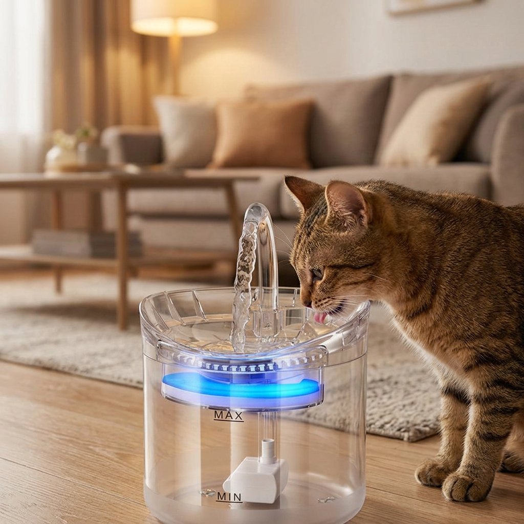 Fuente de agua para mascotas en living con gato